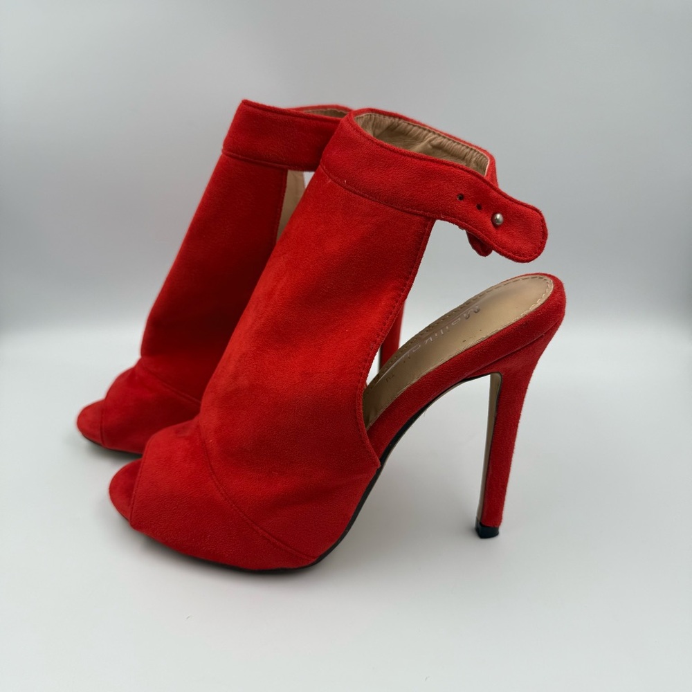 Meiliani Red Faux Suede Peep Toe Stiletto Booties Women’s Size 8 - Picture 5 of 15
